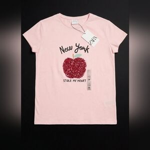Zara Kids Light Pink Short Sleeve Tee with Red Sequin Heart -NWT